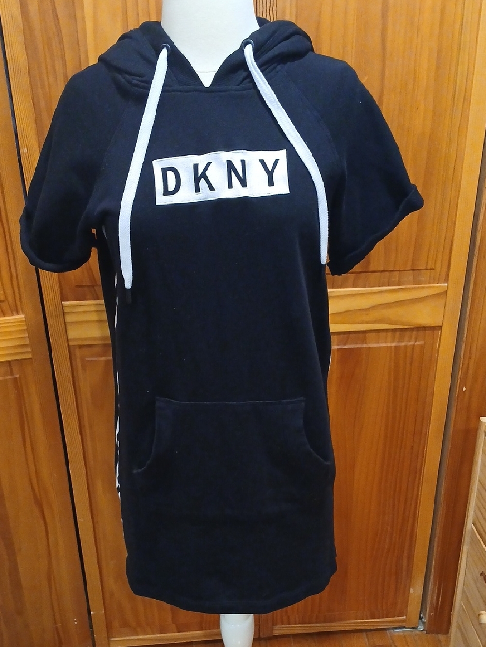 DKNY Black Short-Sleeve Hoodie Dress with White Logo